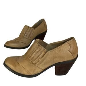 Tan Leather Western Ankle Boots Size 7 Block Heel Boho Fall Booties Pointed Toe